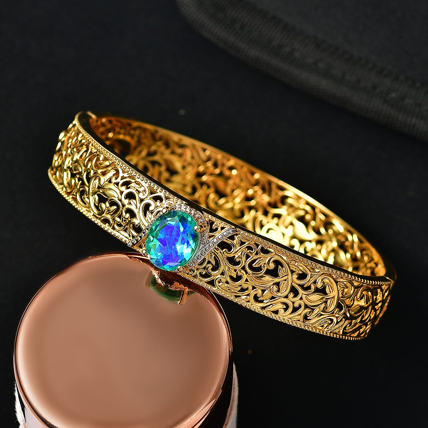 EverTrue Peacock Triplet Quartz Full Bangle (Size-7.5) in Yellow Gold Tone 5.36 Ct.
