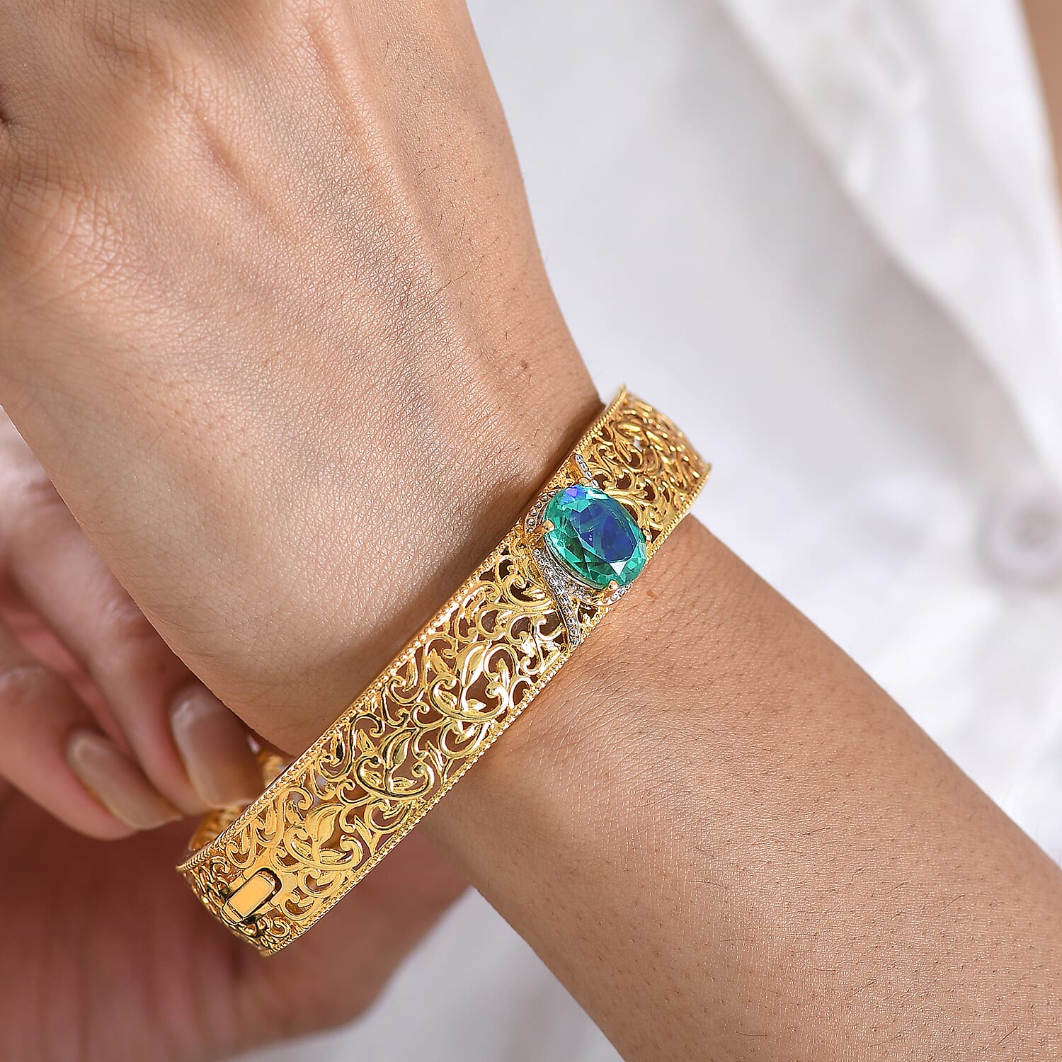 EverTrue Peacock Triplet Quartz Full Bangle (Size-7.5) in Yellow Gold Tone 5.36 Ct.
