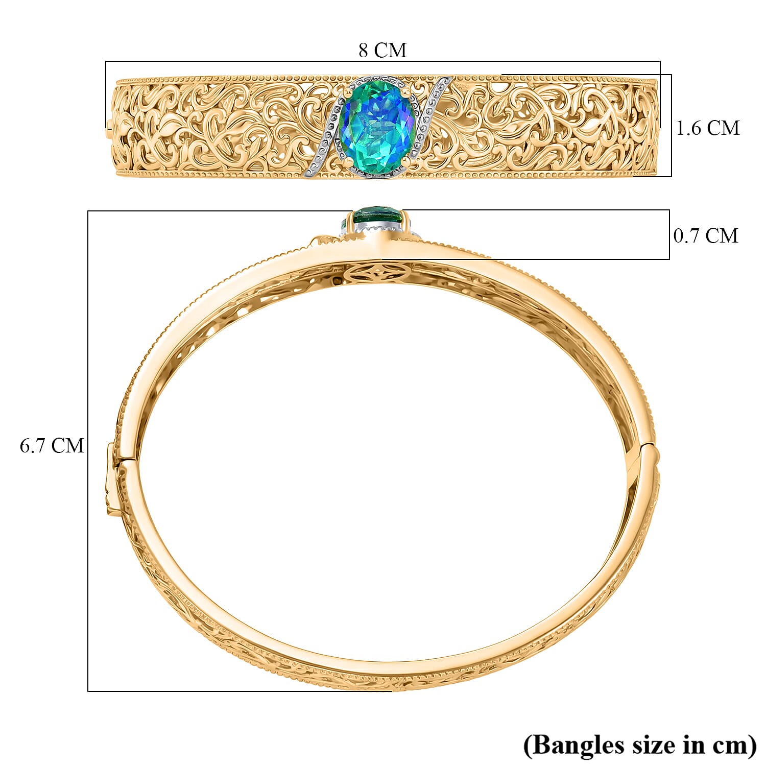 EverTrue Peacock Triplet Quartz Full Bangle (Size-7.5) in Yellow Gold Tone 5.36 Ct.