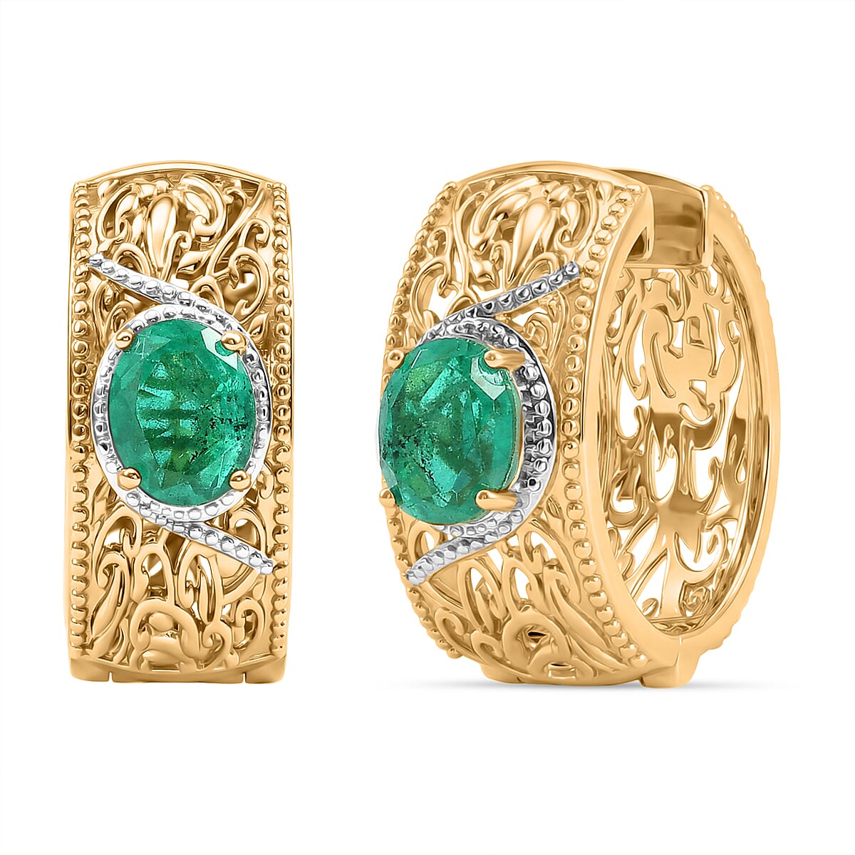 EverTrue Emeraldine Triplet Quartz Full Hoop Fillagree Earrings in Platinum Overlay & Gold Two Tone 4.06 Ct.