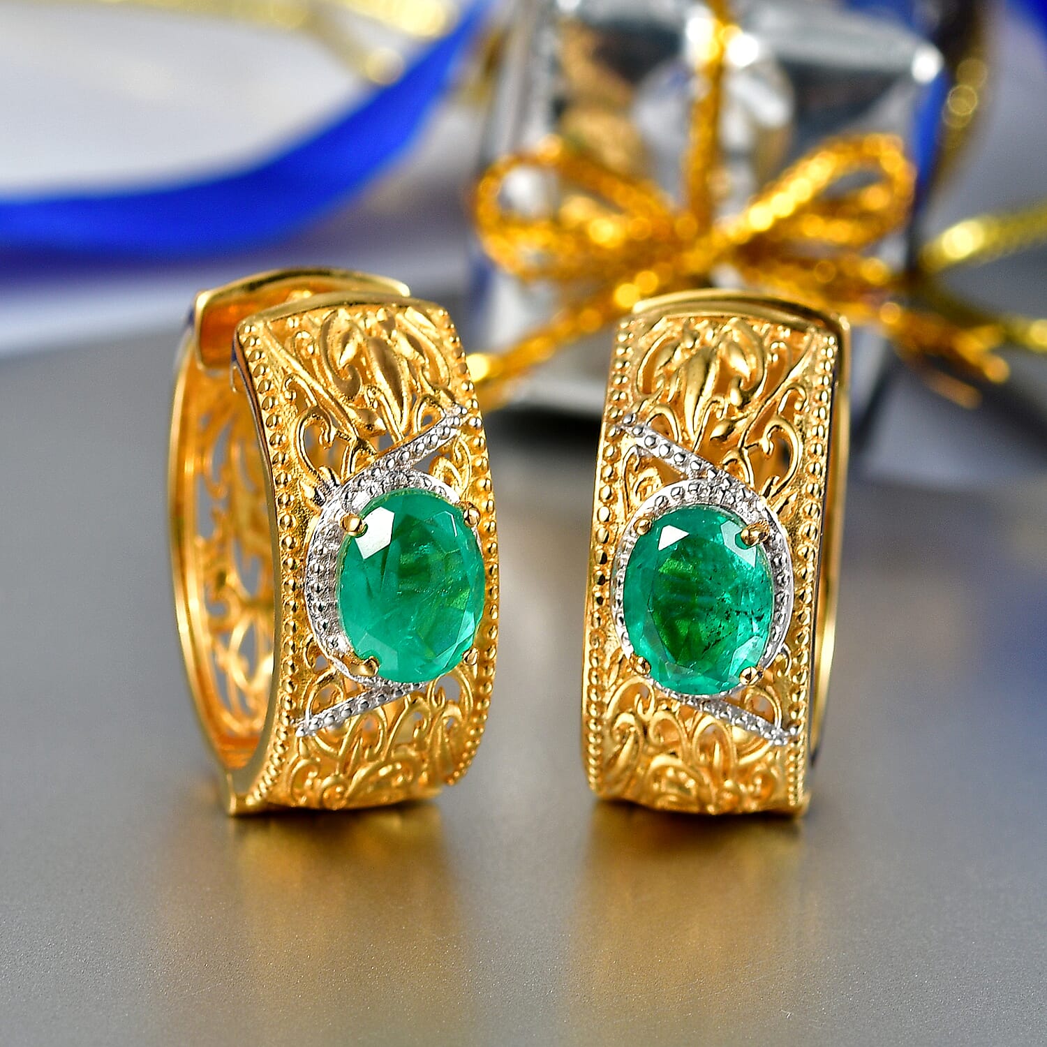 EverTrue Emeraldine Triplet Quartz Full Hoop Fillagree Earrings in Platinum Overlay & Gold Two Tone 4.06 Ct.