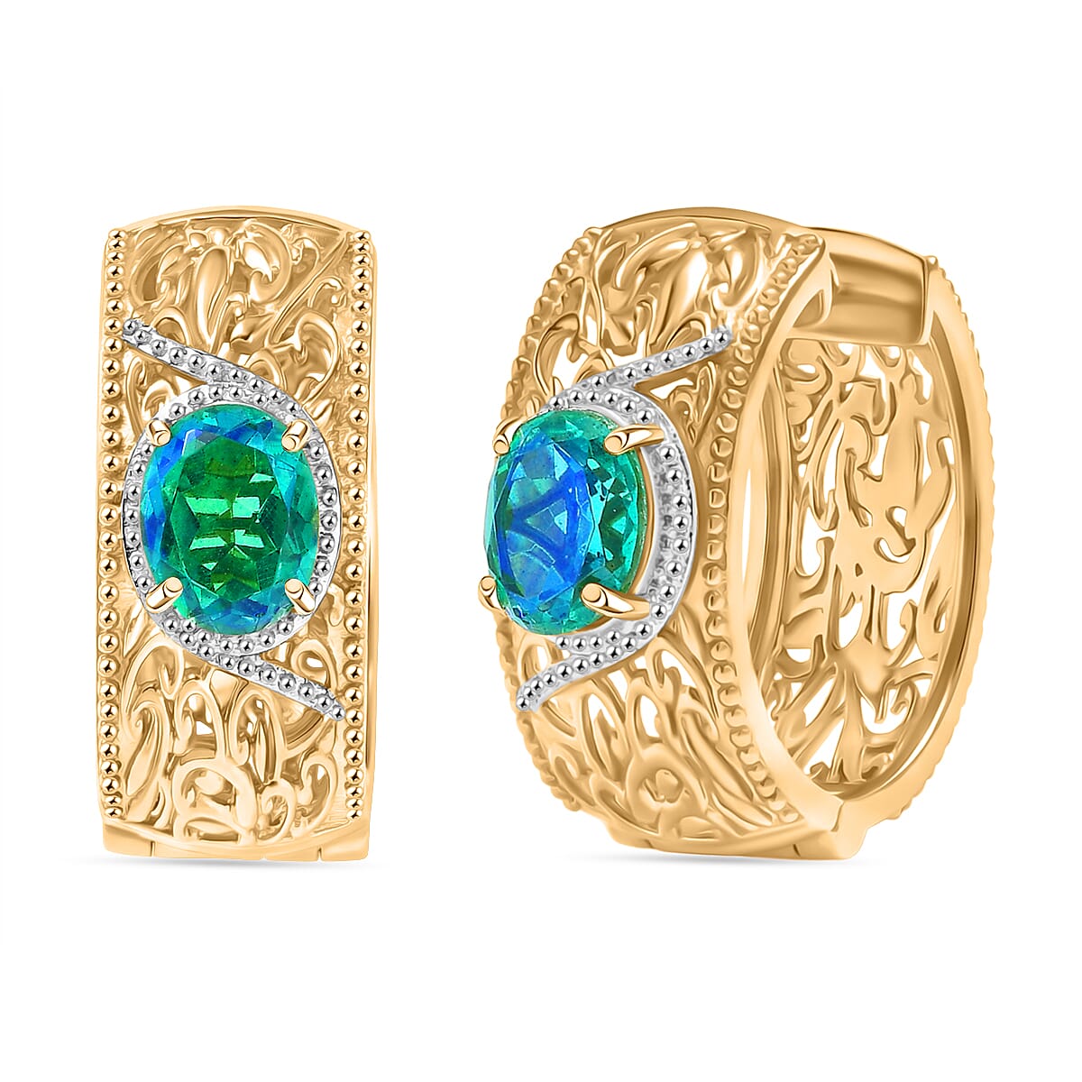 EverTrue Peacock Triplet Quartz Hoop Earrings in Two Tone 4.08 Ct.