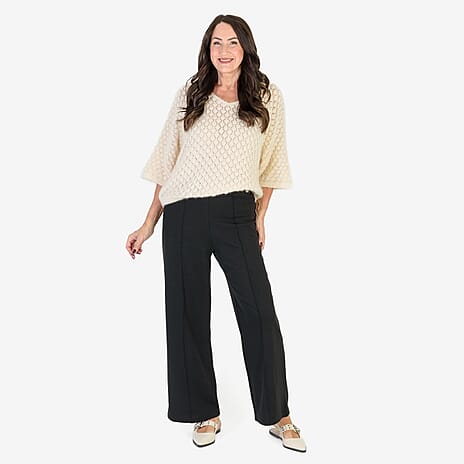 Anamor Crepe Pintuck Wideleg Trousers With Gold Button Detail (Size 12) - Black