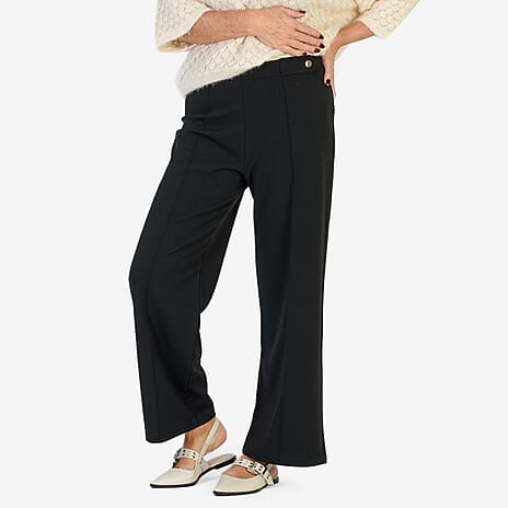 Anamor Crepe Pintuck Wideleg Trousers With Gold Button Detail (Size 20) - Black