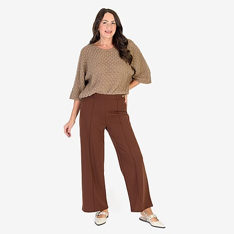 Anamor Crepe Pintuck Wideleg Trousers With Gold Button Detail (Size 16) - Chocolate Brown