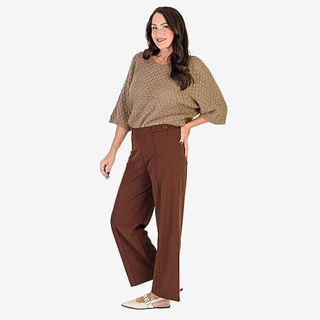Anamor Crepe Pintuck Wideleg Trousers With Gold Button Detail (Size 20) - Chocolate Brown