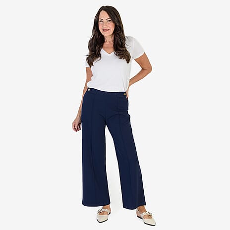Anamor Crepe Pintuck Wideleg Trousers With Gold Button Detail (Size 14) - Navy