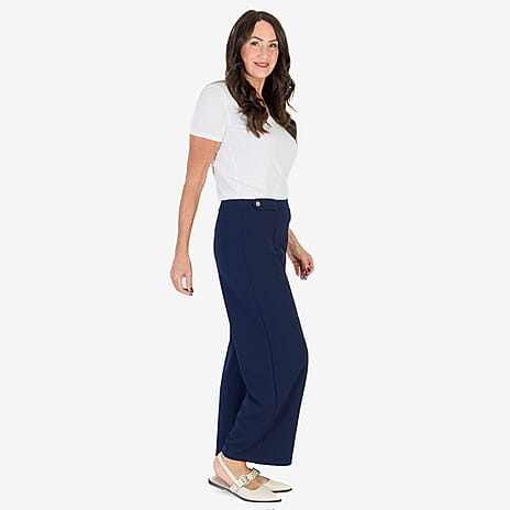 Anamor Crepe Pintuck Wideleg Trousers With Gold Button Detail (Size 16) - Navy