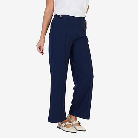 Anamor Crepe Pintuck Wideleg Trousers With Gold Button Detail (Size 22) - Navy
