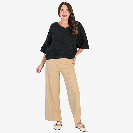 Anamor Crepe Pintuck Wideleg Trousers With Gold Button Detail (Size 18) - Camel