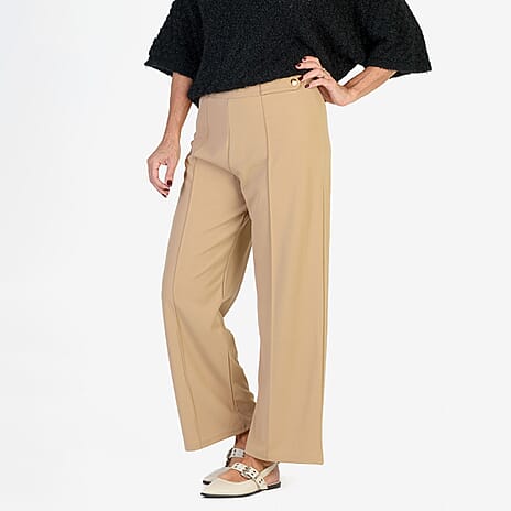 Anamor Crepe Pintuck Wideleg Trousers With Gold Button Detail (Size 20) - Camel