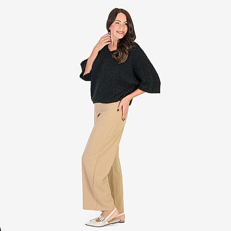 Anamor Crepe Pintuck Wideleg Trousers With Gold Button Detail (Size 20) - Camel