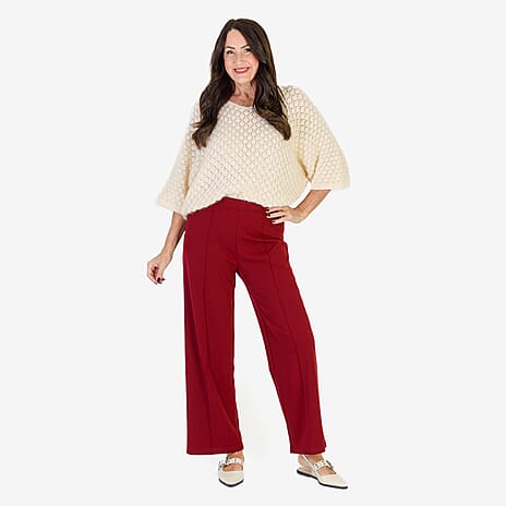 Anamor Crepe Pintuck Wideleg Trousers With Gold Button Detail (Size 18) - Wine