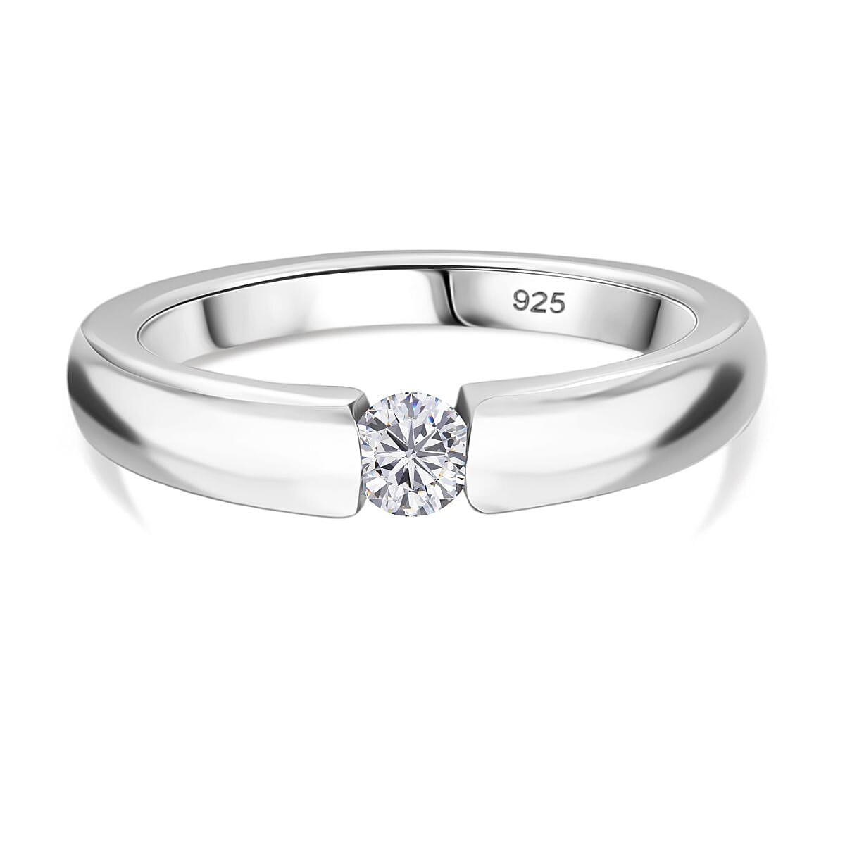 Moissanite Ring in Tension Setting Platinum Overlay Sterling Silver