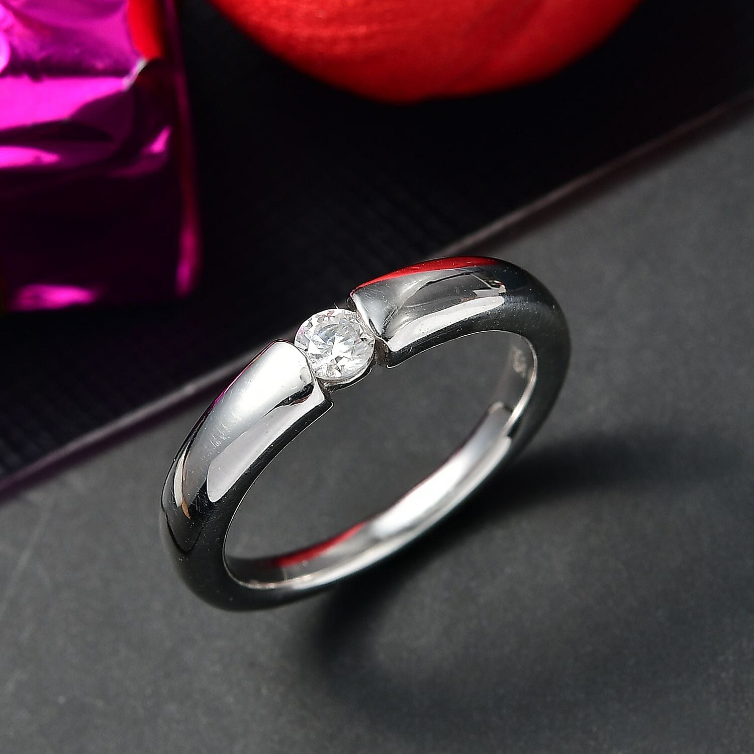 Moissanite Ring in Tension Setting Platinum Overlay Sterling Silver