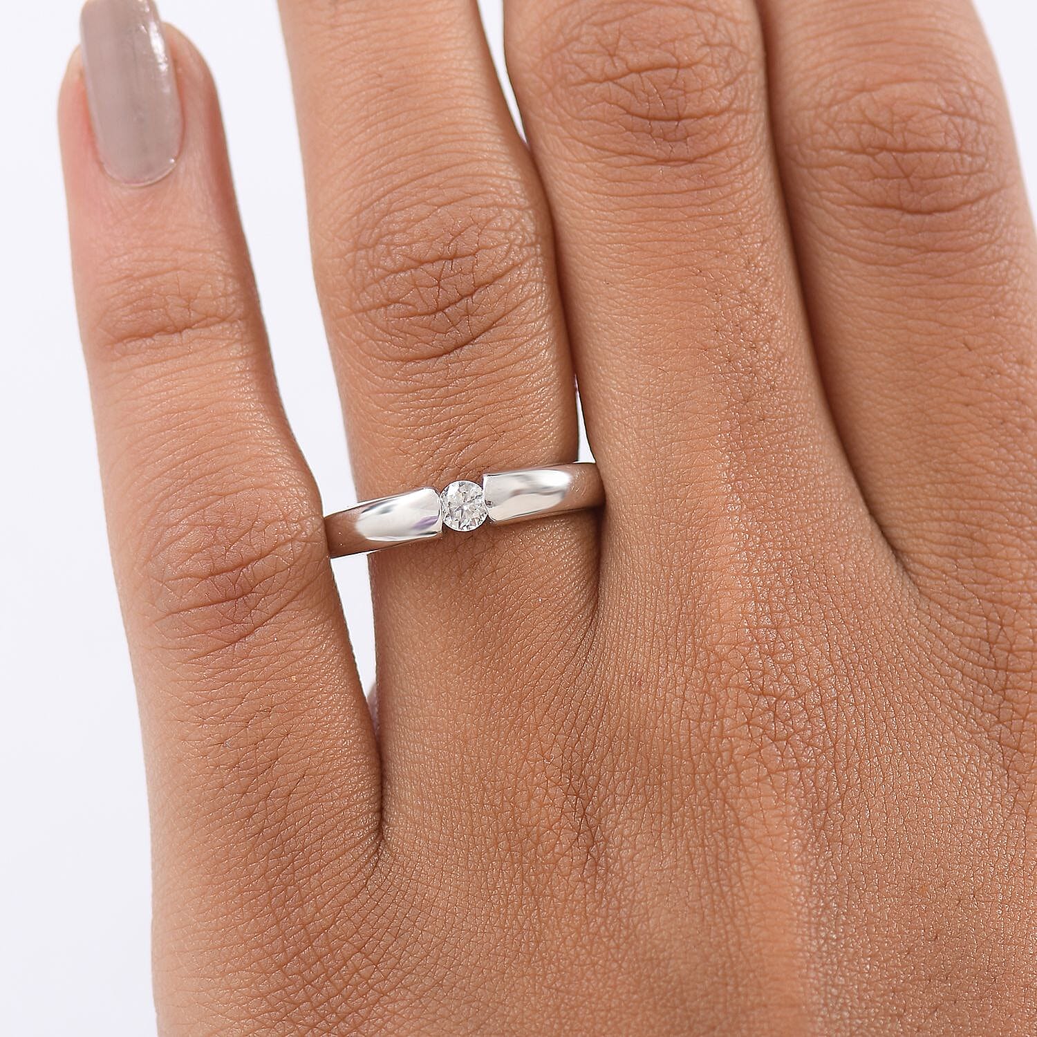 Moissanite Ring in Tension Setting Platinum Overlay Sterling Silver