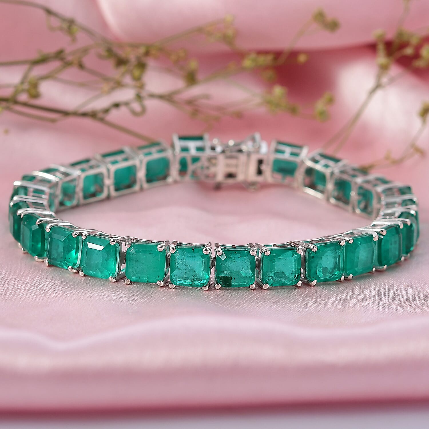 D'Joy Emeraldine Triplet Quartz Line Bracelet (Size - 7) with GB Lock Box in Rhodium Overlay Sterling Silver 36.41 Ct, Silver Wt. 14.70 Gms
