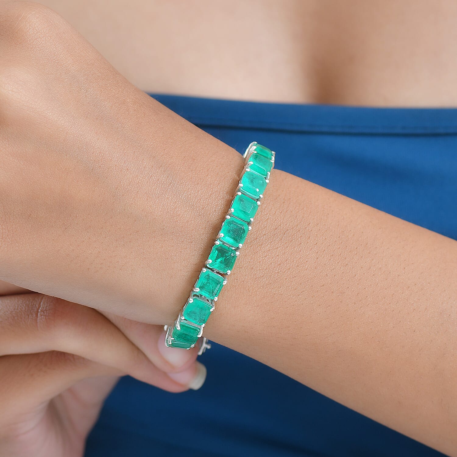 D'Joy Emeraldine Triplet Quartz Line Bracelet (Size 7.5) with GB Lock Box in Rhodium Overlay Sterling Silver 39.58 Ct, Silver Wt. 16.00 Gms.