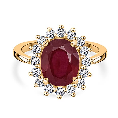 Luxuriant African Ruby & Lab Grown Diamond Ring in 18K Vermeil Yellow Gold Plated Sterling Silver 5.37 Ct.