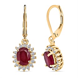 LUXURIANT 3.7 Ct. Natural African Ruby, Lab Grown Diamond Halo Earrings in 18K Vermeil Yellow Gold Plated Sterling Silver