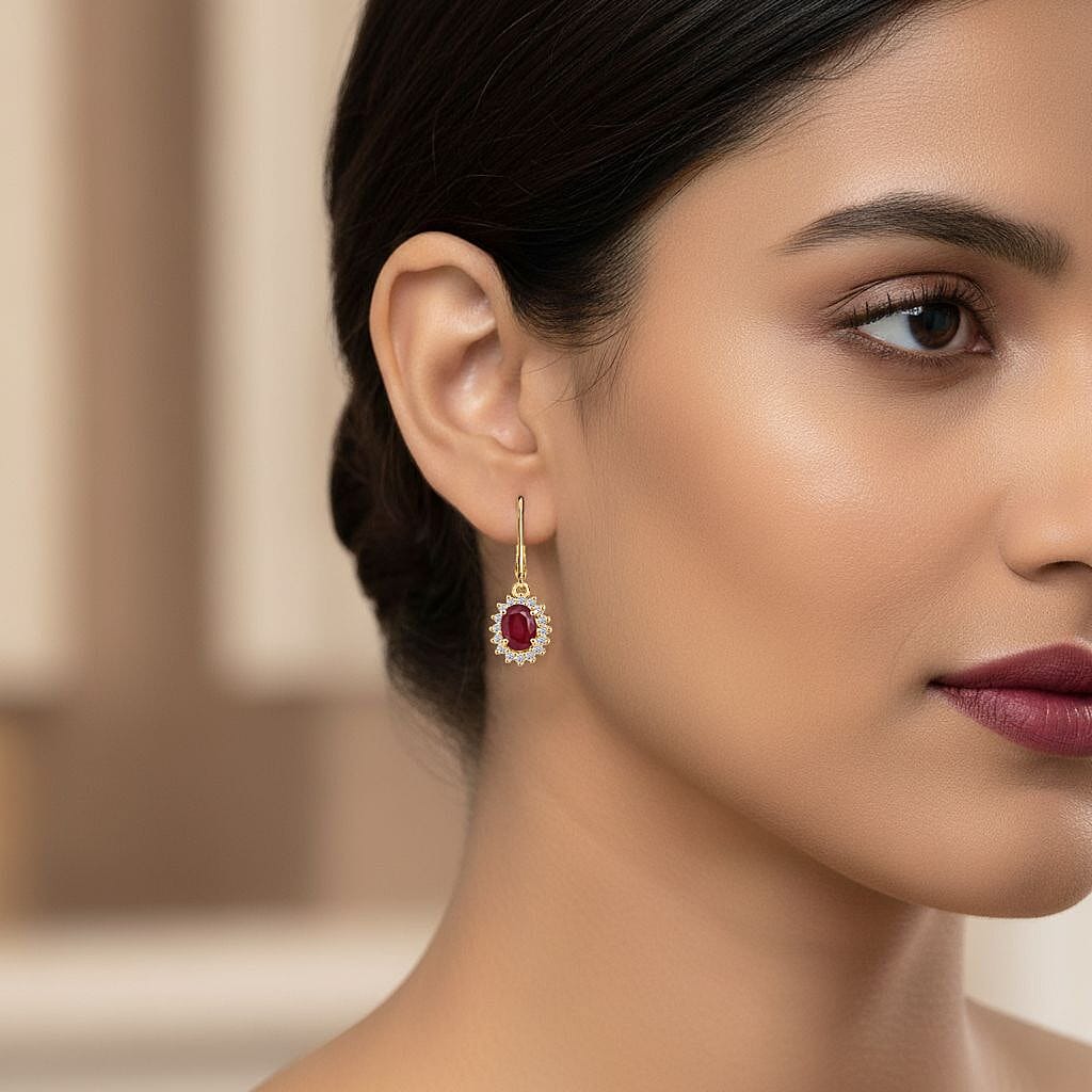 OTO - Luxuriant African Ruby & Lab Grown Diamond Earring with Lever Back in 18K Vermeil Yellow Gold Plated Sterling Silver 3.77 Ct.