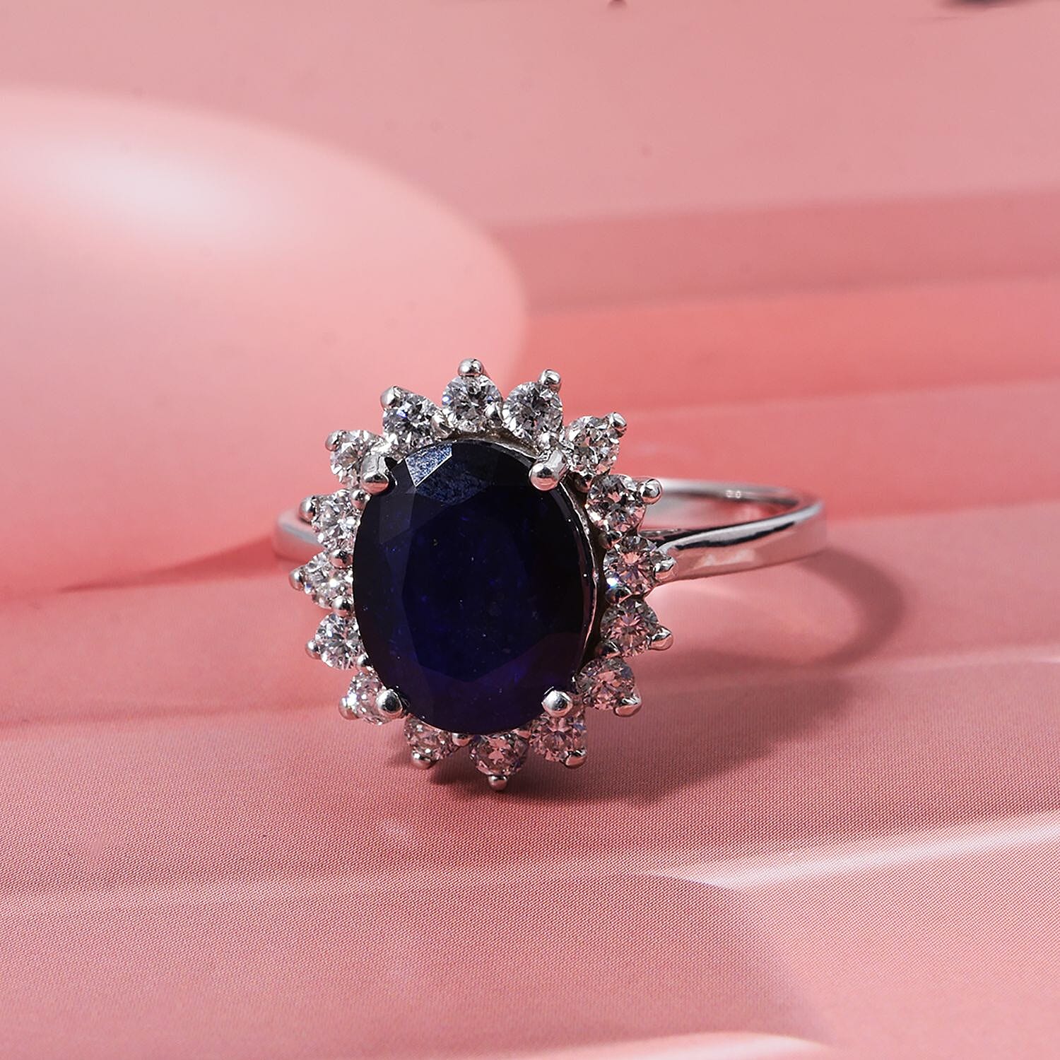 Luxuriant Masoala Sapphire & Lab Grown Diamond Ring in Rhodium Overlay Sterling Silver 5.36 Ct.