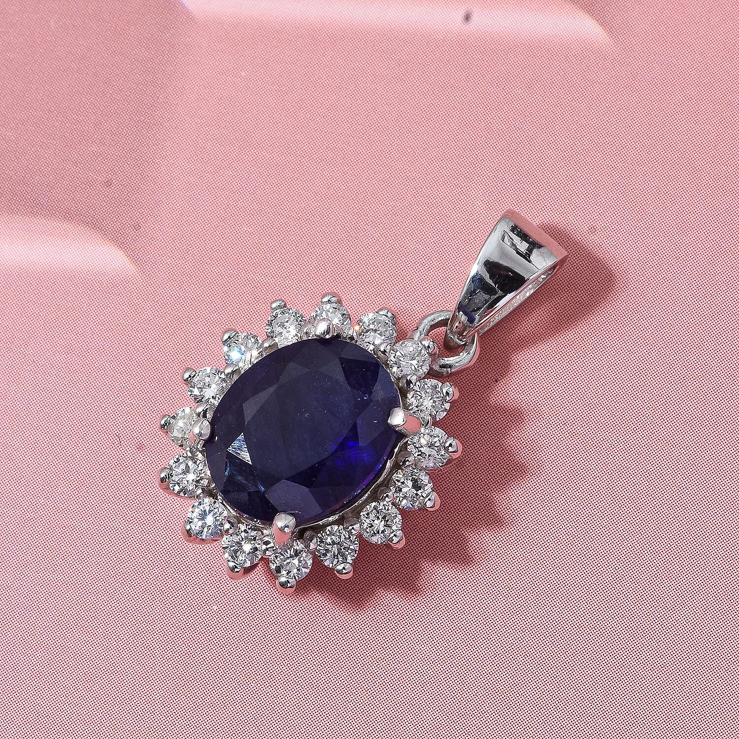 Luxuriant Masoala Sapphire & Lab Grown Diamond Pendant in Rhodium Overlay Sterling Silver 5.08 Ct.