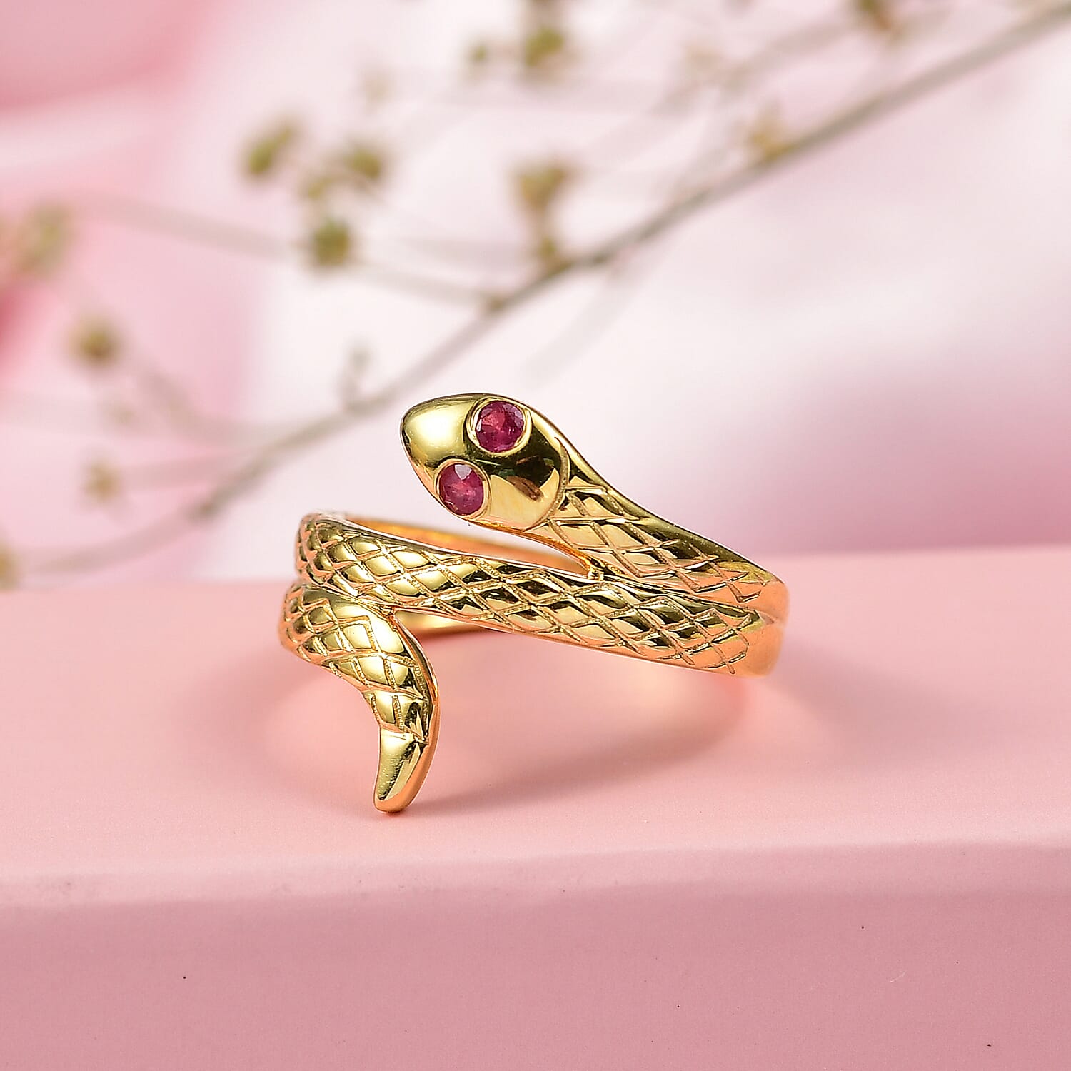 D'Joy African Ruby Serpentine Ring in Yellow Gold Plated Sterling Silver