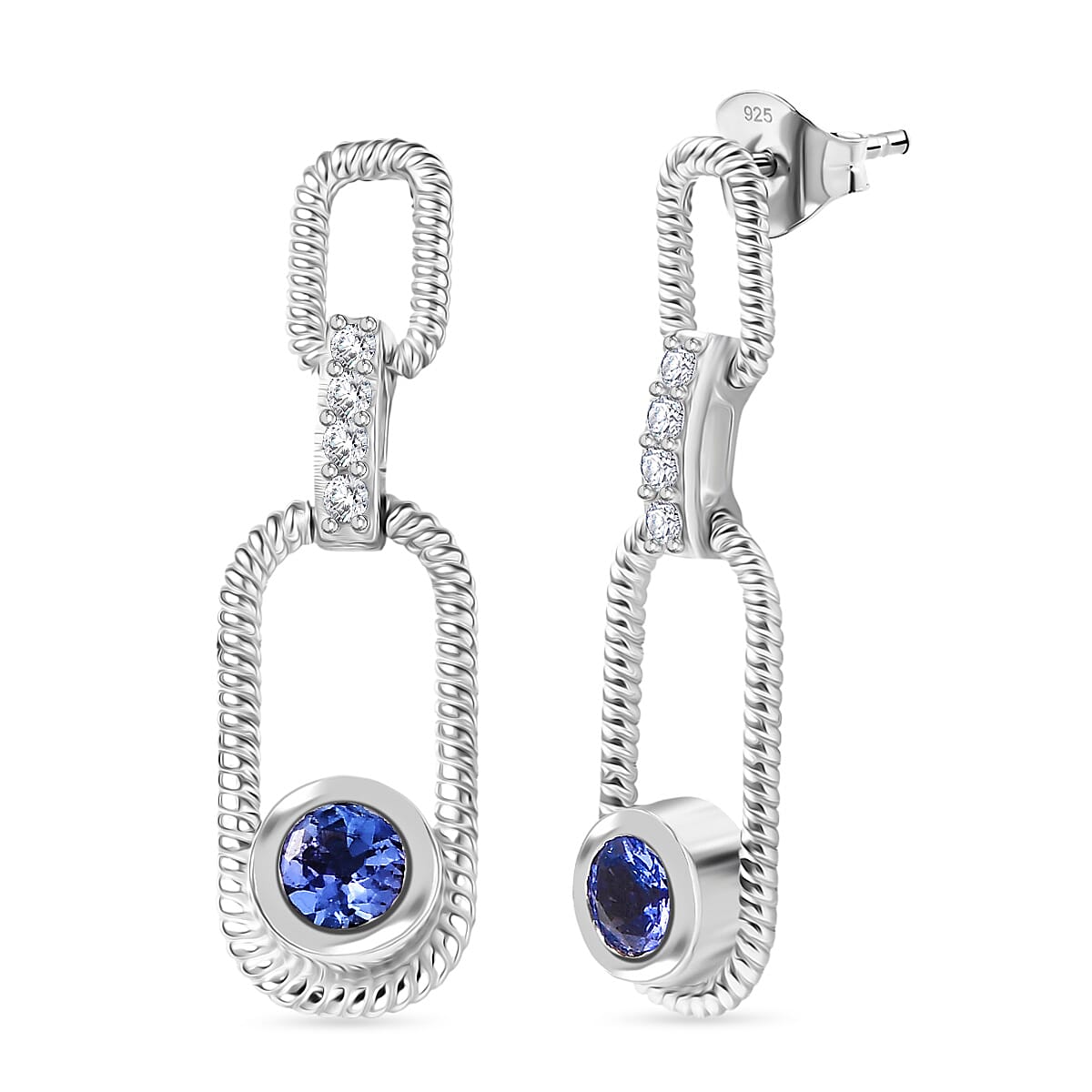 D'Joy Tanzanite & White Zircon Dangling Earring in Platinum Overlay Sterling Silver