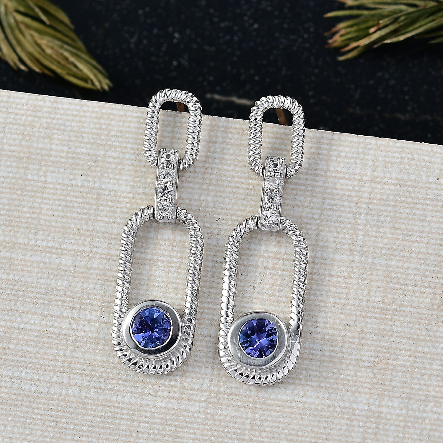 D'Joy Tanzanite & White Zircon Dangling Earring in Platinum Overlay Sterling Silver