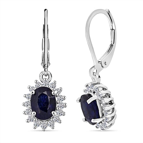 Luxuriant Masoala Sapphire & Lab Grown Diamond Earring with Lever Back in Rhodium Overlay Sterling Silver 4.41 Ct.