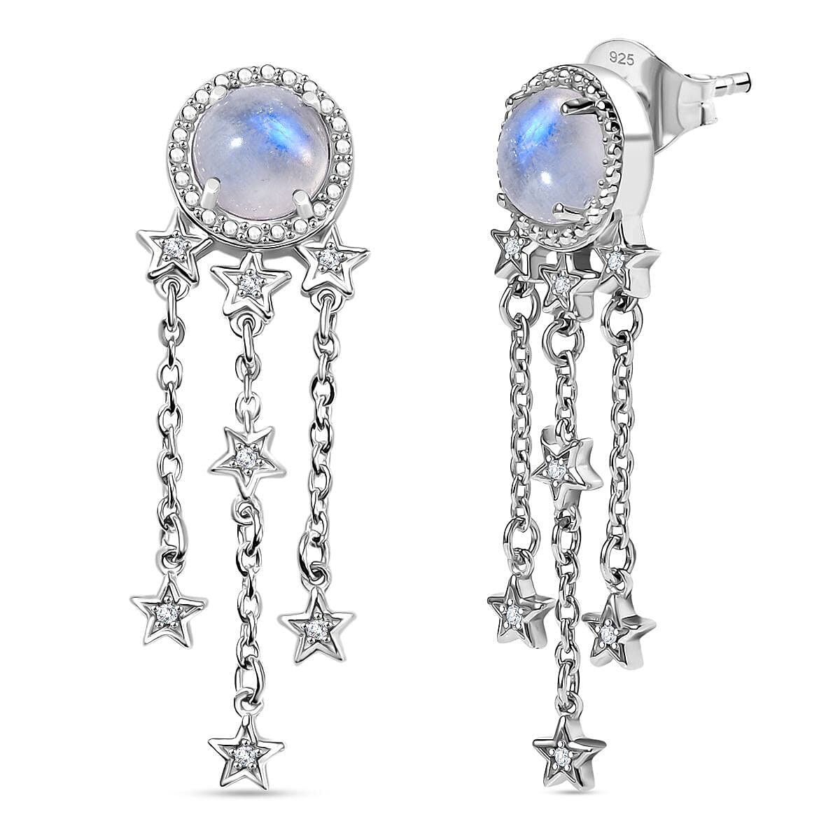 GP - Celestial Dream Collection Rainbow Moonstone, White Zircon & Kanchanaburi Blue Sapphire Dangling Earring with Push Back in Rhodium Overlay Sterling Silver 3.12 Ct.