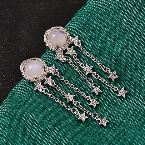 GP - Celestial Dream Collection Rainbow Moonstone, White Zircon & Kanchanaburi Blue Sapphire Dangling Earring with Push Back in Rhodium Overlay Sterling Silver 3.12 Ct.