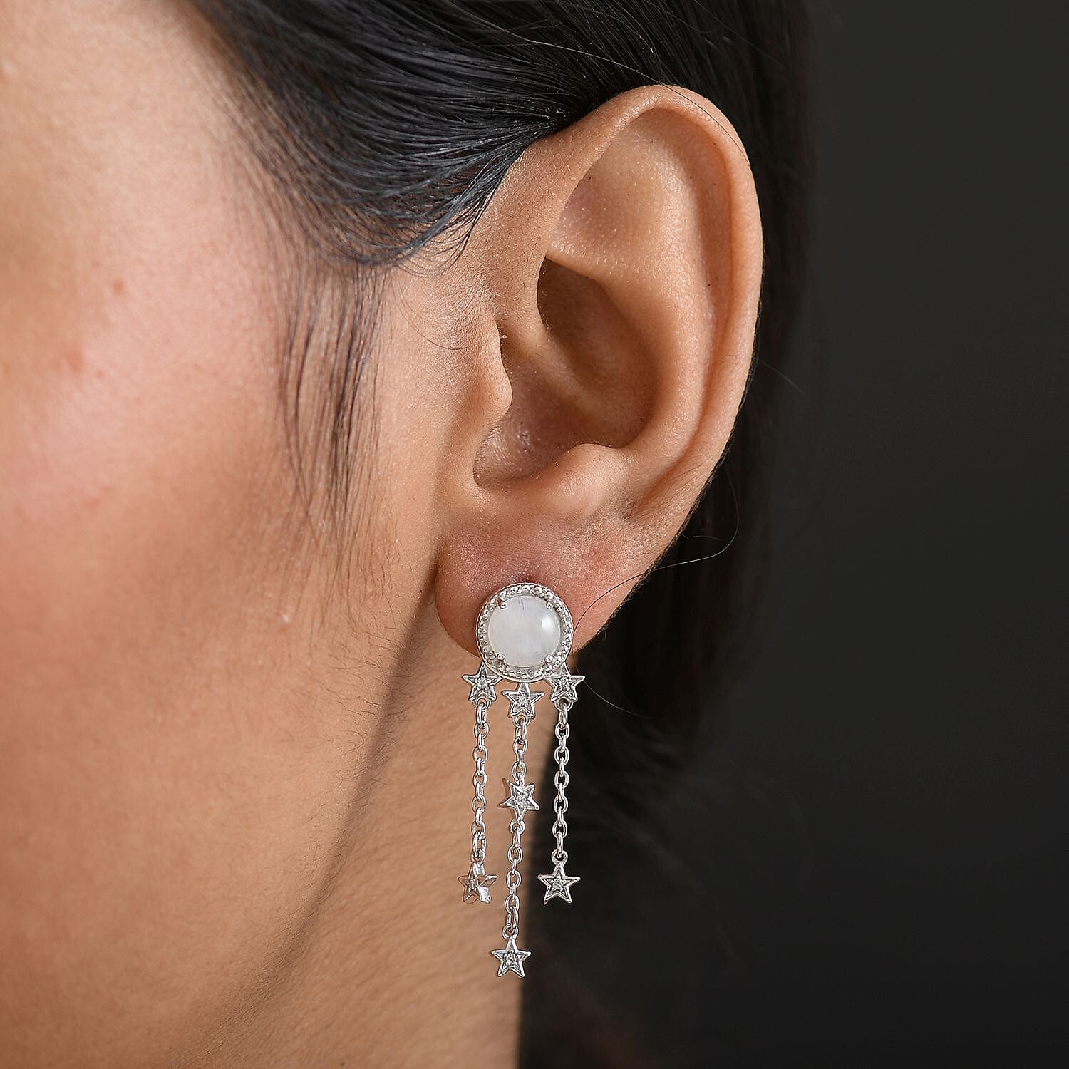 GP - Celestial Dream Collection Rainbow Moonstone, White Zircon & Kanchanaburi Blue Sapphire Dangling Earring with Push Back in Rhodium Overlay Sterling Silver 3.12 Ct.