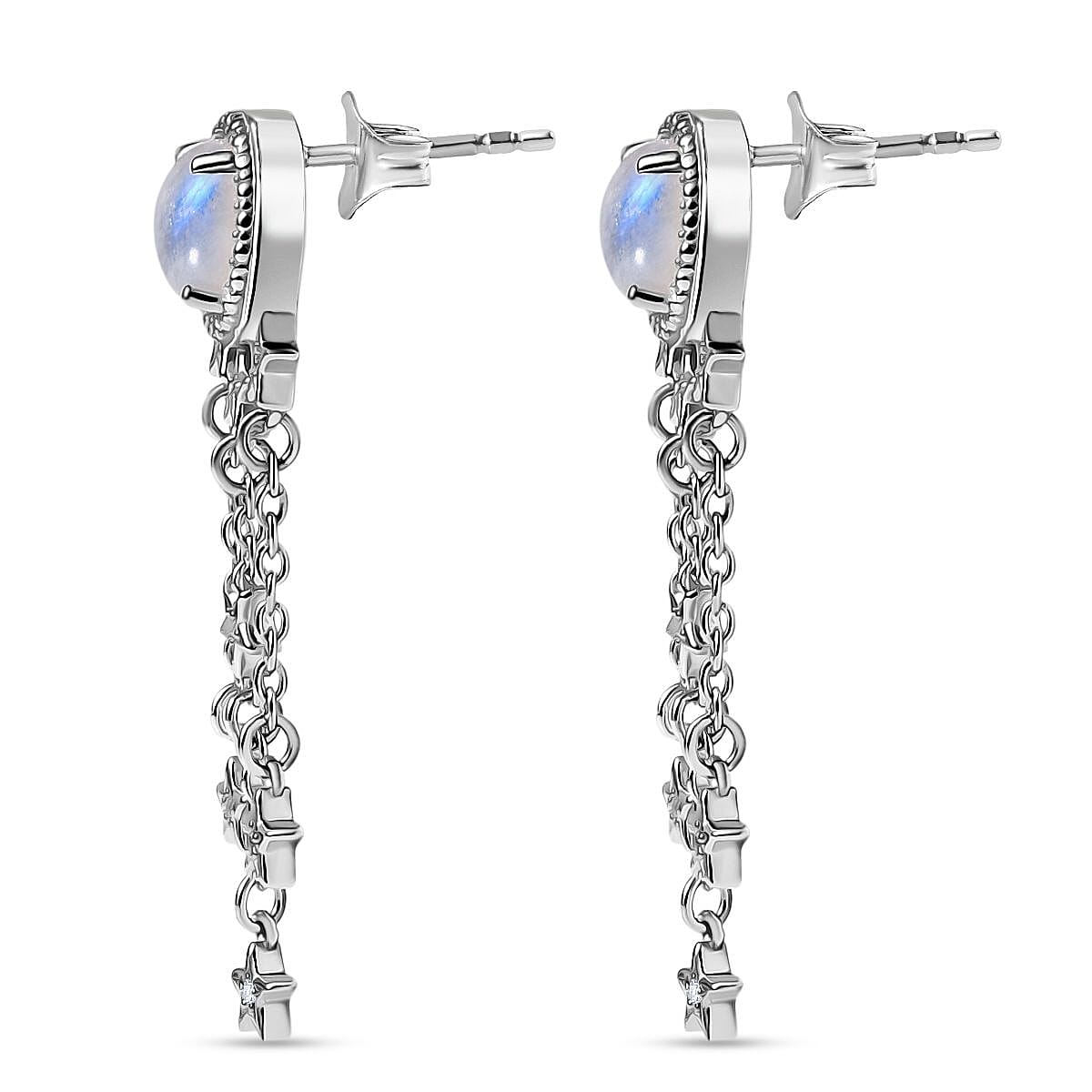 GP - Celestial Dream Collection Rainbow Moonstone, White Zircon & Kanchanaburi Blue Sapphire Dangling Earring with Push Back in Rhodium Overlay Sterling Silver 3.12 Ct.