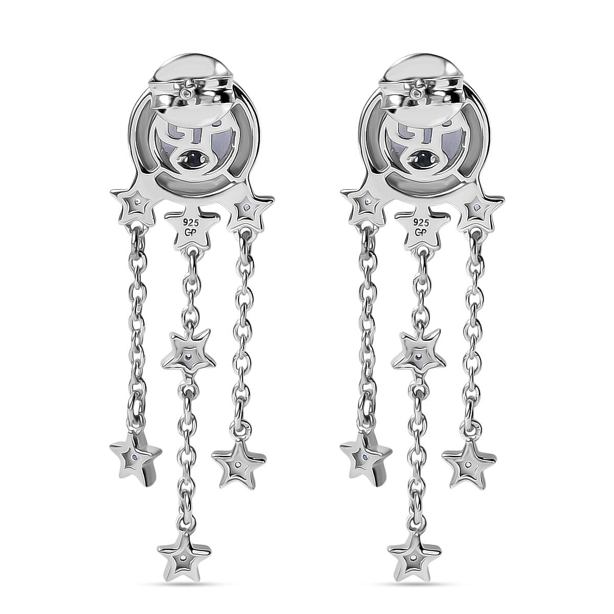 GP - Celestial Dream Collection Rainbow Moonstone, White Zircon & Kanchanaburi Blue Sapphire Dangling Earring with Push Back in Rhodium Overlay Sterling Silver 3.12 Ct.