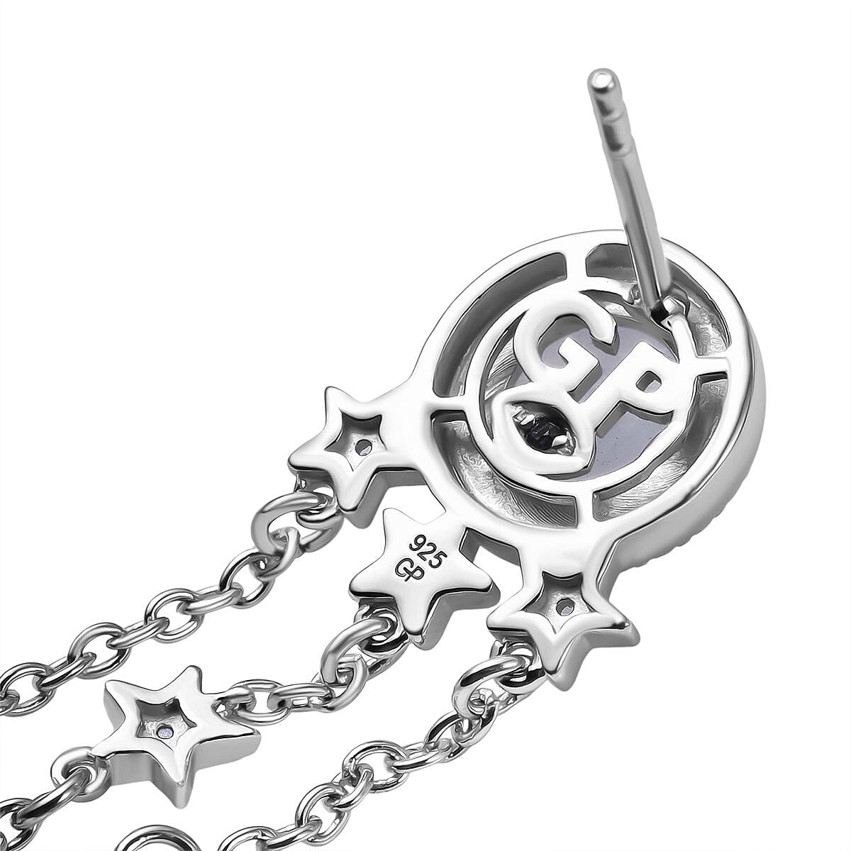 GP - Celestial Dream Collection Rainbow Moonstone, White Zircon & Kanchanaburi Blue Sapphire Dangling Earring with Push Back in Rhodium Overlay Sterling Silver 3.12 Ct.