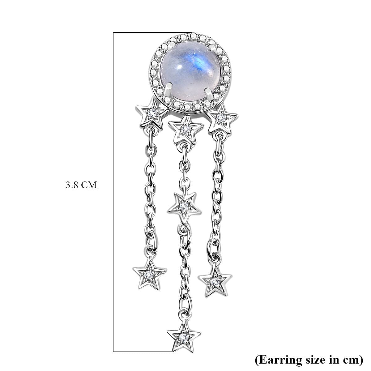 GP - Celestial Dream Collection Rainbow Moonstone, White Zircon & Kanchanaburi Blue Sapphire Dangling Earring with Push Back in Rhodium Overlay Sterling Silver 3.12 Ct.