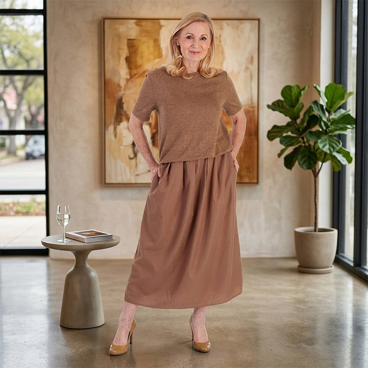 La Marey 2 In 1 Brushed Top Hybrid Dress With Pocket (Size XL, Fit 20 To 22) - Chocolate