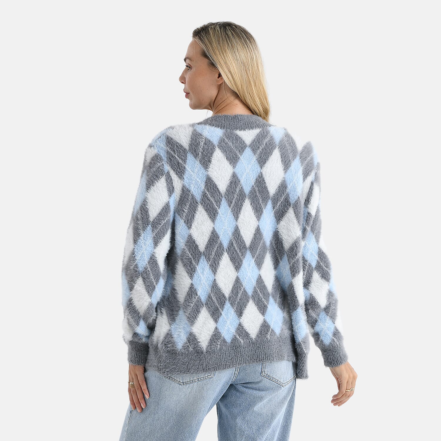 - Maisi Knitted Argyle Cozy Cardigan (One Size 8 to 20) - Light Grey - Blue