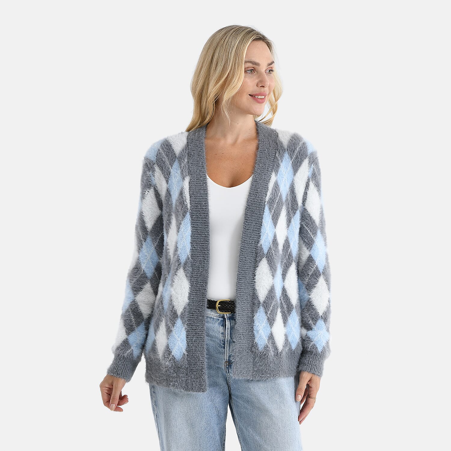 - Maisi Knitted Argyle Cozy Cardigan (One Size 8 to 20) - Light Grey - Blue