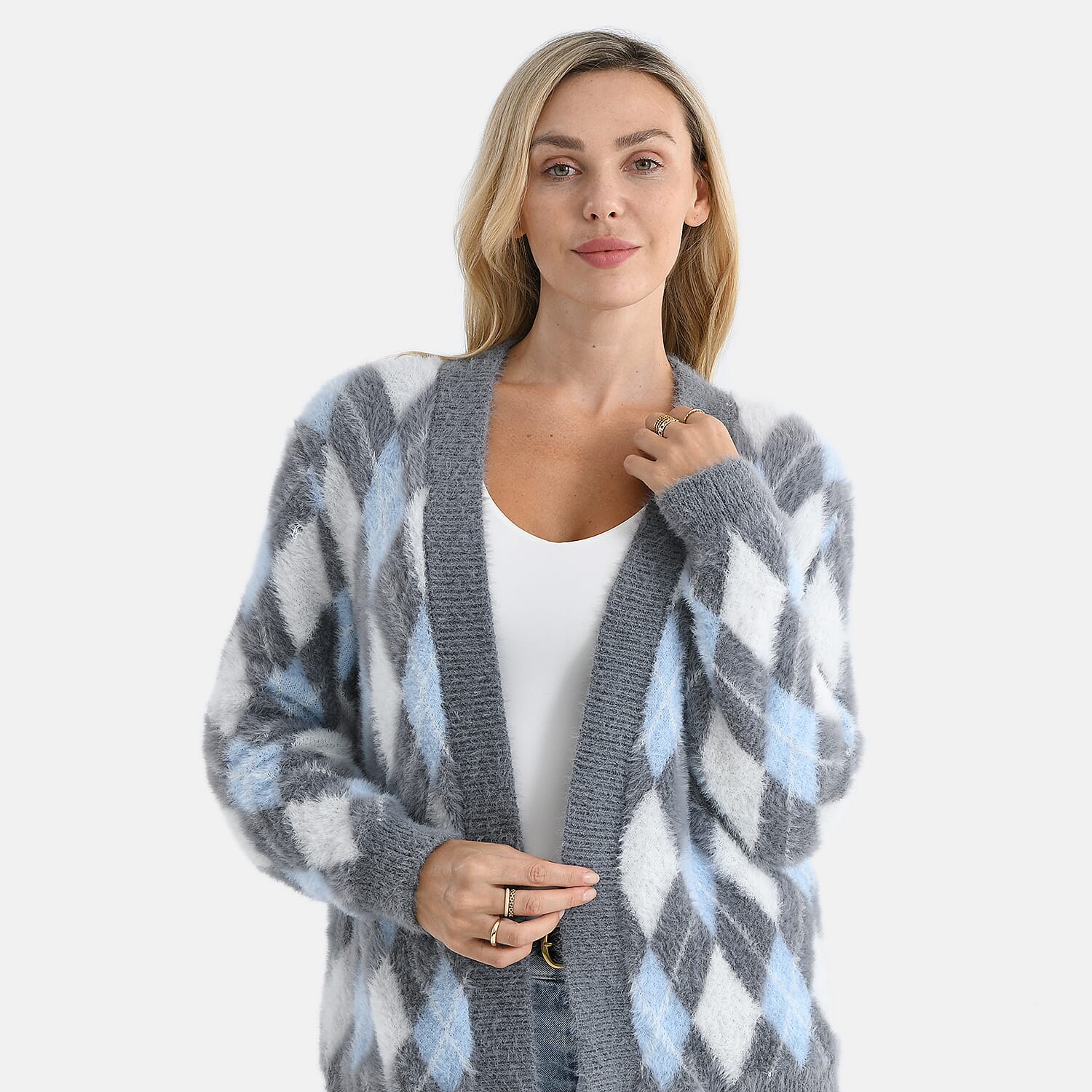 - Maisi Knitted Argyle Cozy Cardigan (One Size 8 to 20) - Light Grey - Blue