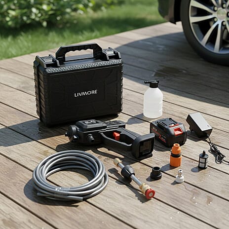 Livmore Handheld Cordless Pressure Washer - 26 bar Pressure for strong water flow. Up To 30 Min Cordless Charge  Black