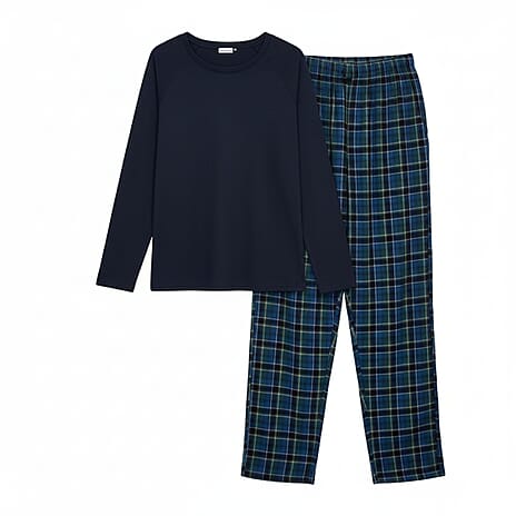 Essential Sleepwear Mens Waffle T-Shirt with Check Flannel Lounge Pants (Size XL) - Navy & Blue