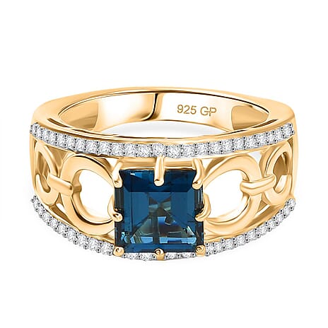 GP - Snaffle Collection London Blue Topaz, Blue Sapphire & White Zircon Ring in 18K Vermeil Yellow Gold Plated Sterling Silver 3.57 Ct.