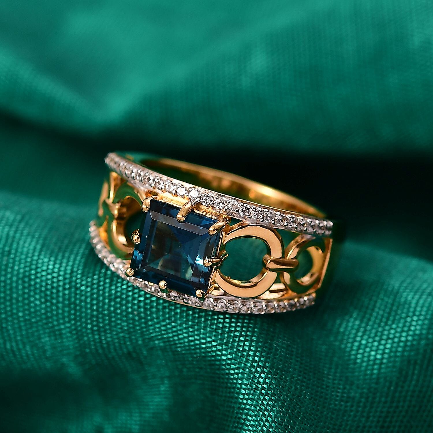 GP - Snaffle Collection London Blue Topaz, Blue Sapphire & White Zircon Ring in 18K Vermeil Yellow Gold Plated Sterling Silver 3.57 Ct.