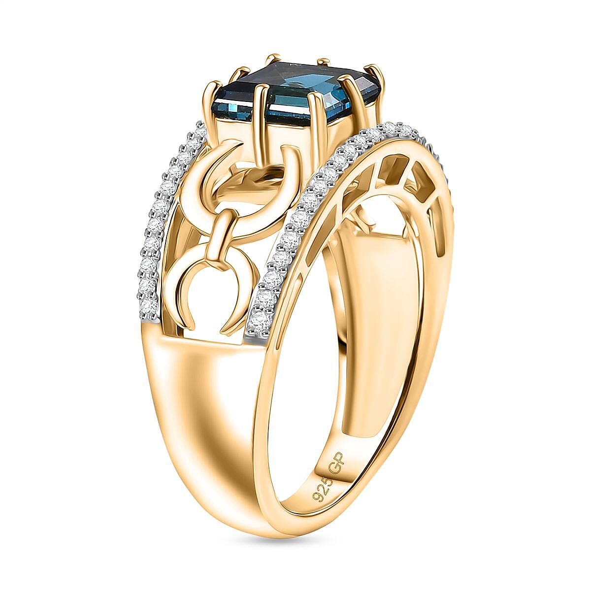 GP - Snaffle Collection London Blue Topaz, Blue Sapphire & White Zircon Ring in 18K Vermeil Yellow Gold Plated Sterling Silver 3.57 Ct.