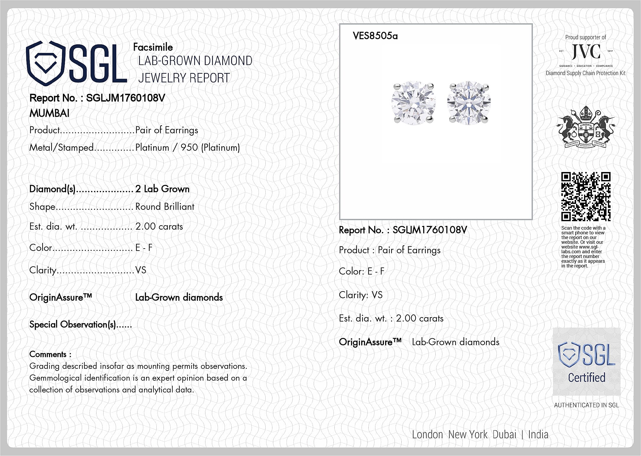 Luxuriant 950 Platinum SGL Certified Lab Grown Diamond (VS-EF) Solitaire Stud Earring with Screw Back 2.00 Ct, Platinum Wt. 2.60 Gms.