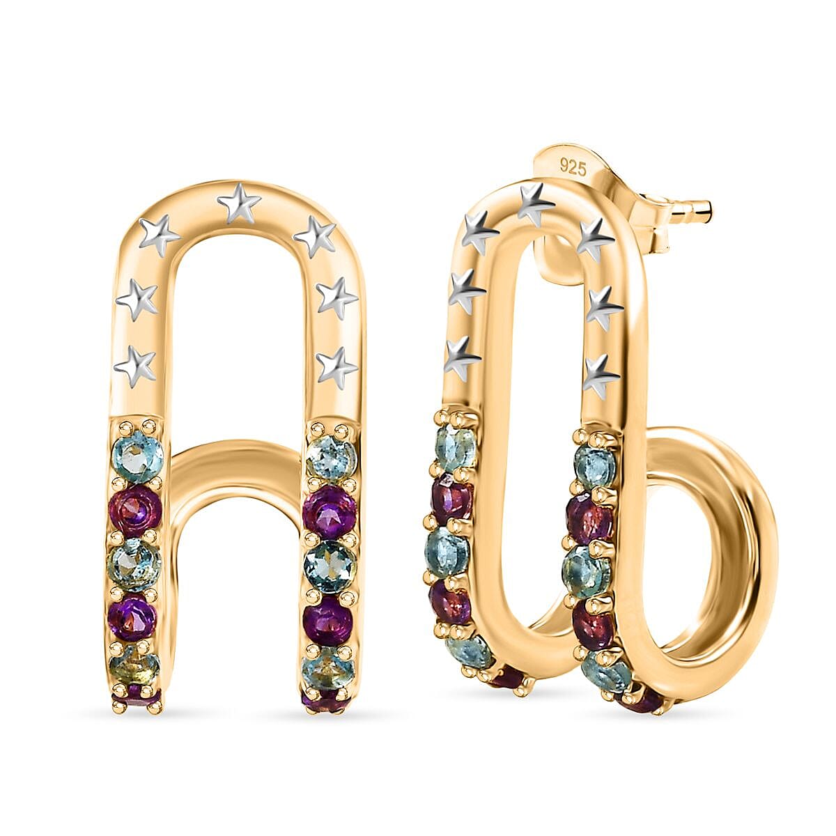 GP - Celestial Dream Collection African Amethyst & Blue Sapphire Earring with Push Back in 18K Yellow Gold Plated & Rohidum Overlay Sterling Silver 1.09 Ct, Silver Wt. 5.36 Gms.