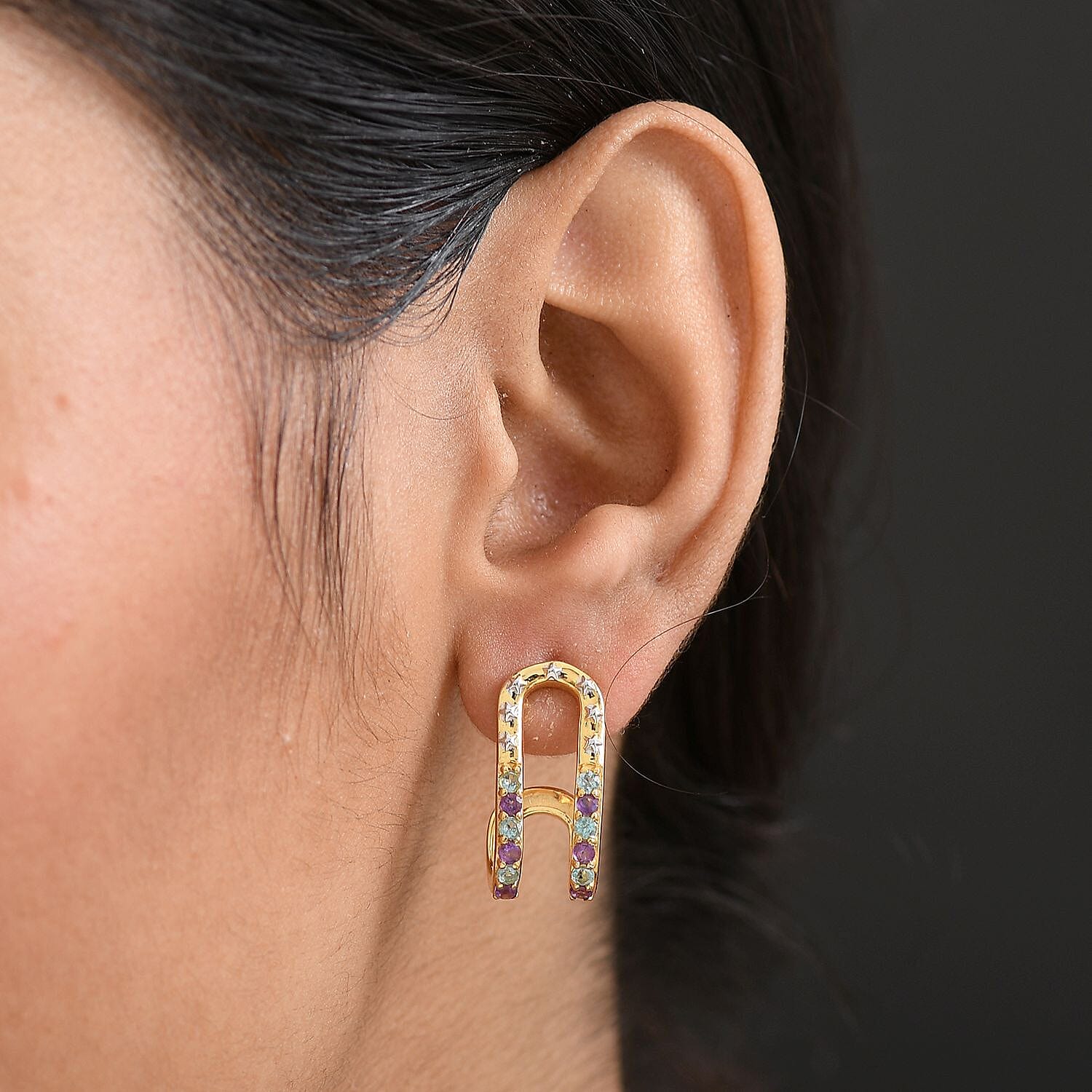 GP - Celestial Dream Collection African Amethyst & Blue Sapphire Earring with Push Back in 18K Yellow Gold Plated & Rohidum Overlay Sterling Silver 1.09 Ct, Silver Wt. 5.36 Gms.